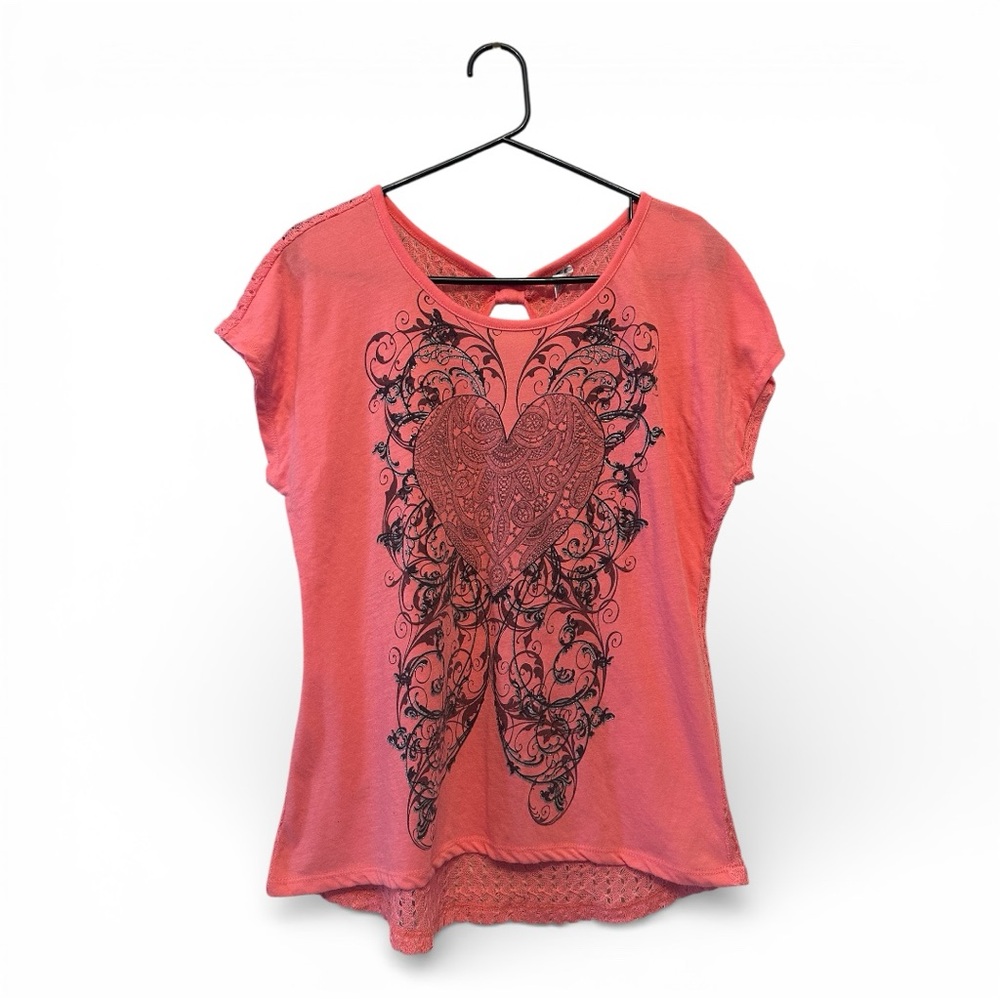 Vintage Y2K Era Hybrid Coral Tee with Rhinestone Black Heart Design Size Large